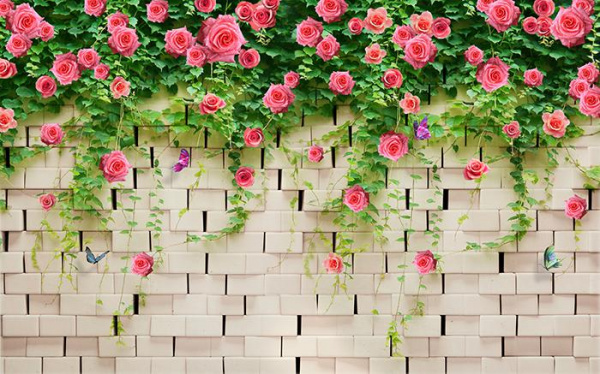 3D Фотообои "Кирпичная стена с цветами" на флиз.осн. (300*270 см) (Песок)