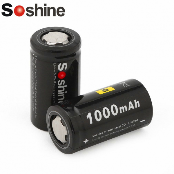Аккумулятор Li-Ion Soshine 18350 -3,7 V - 1000 mAh  перезаряжаемый