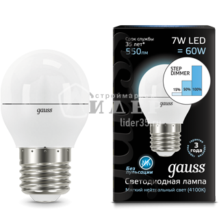 Gauss Лампа LED Globe 7W E27 4100K step dimmable 