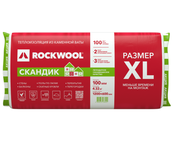Теплоизоляция Rockwool Лайт Баттс СКАНДИК 1200х600х100 (0,432м3) 4,32м2  32 кг/м3 /24/