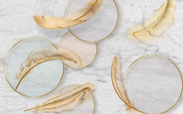 3D Фотообои "Золотые перья с кругами" на флиз.осн. (300см*240см) (Песок)